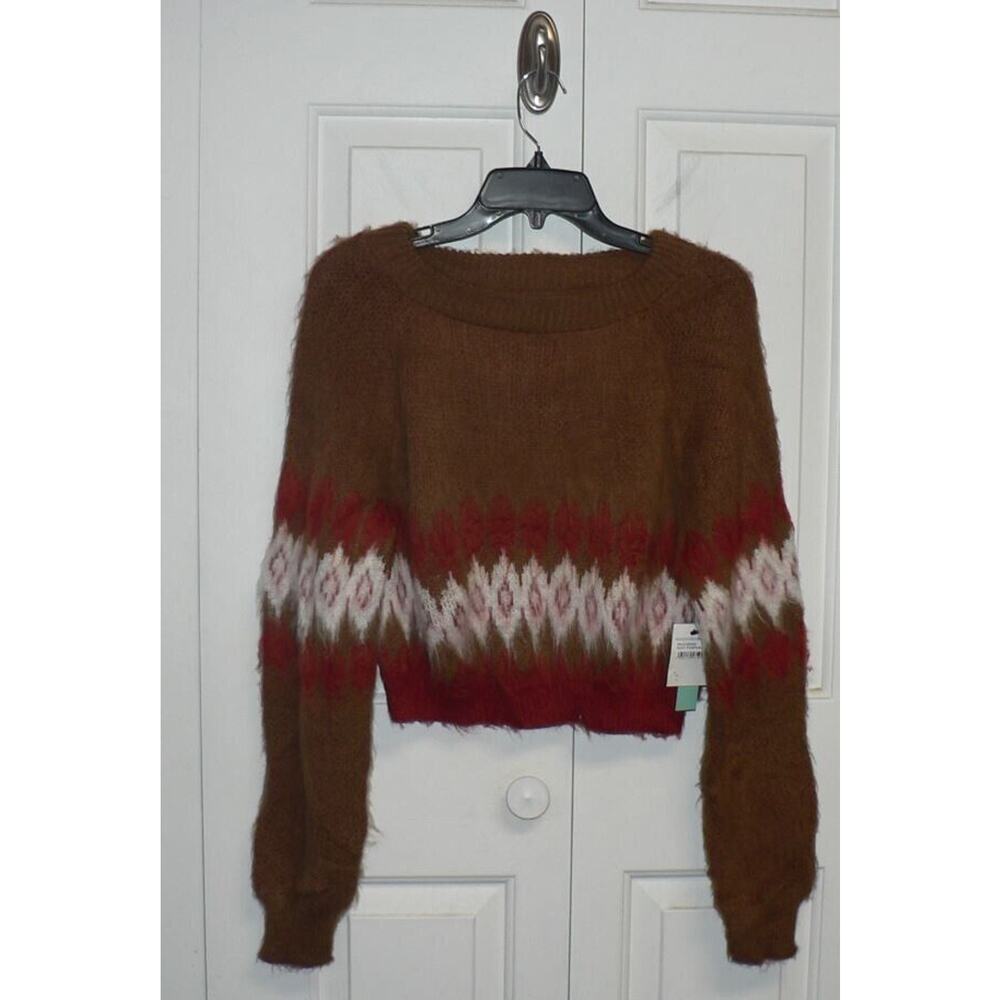 Abound Women's Fuzzy Knit Long Sleeve Crop Sweater Rust Pumpkin Fair Isle Small‎